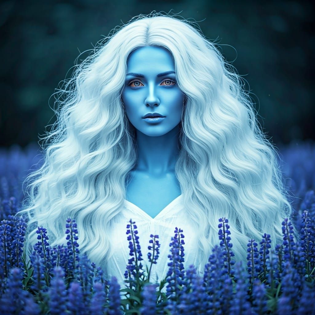 Porcelain Goddess in Violet Flower Field