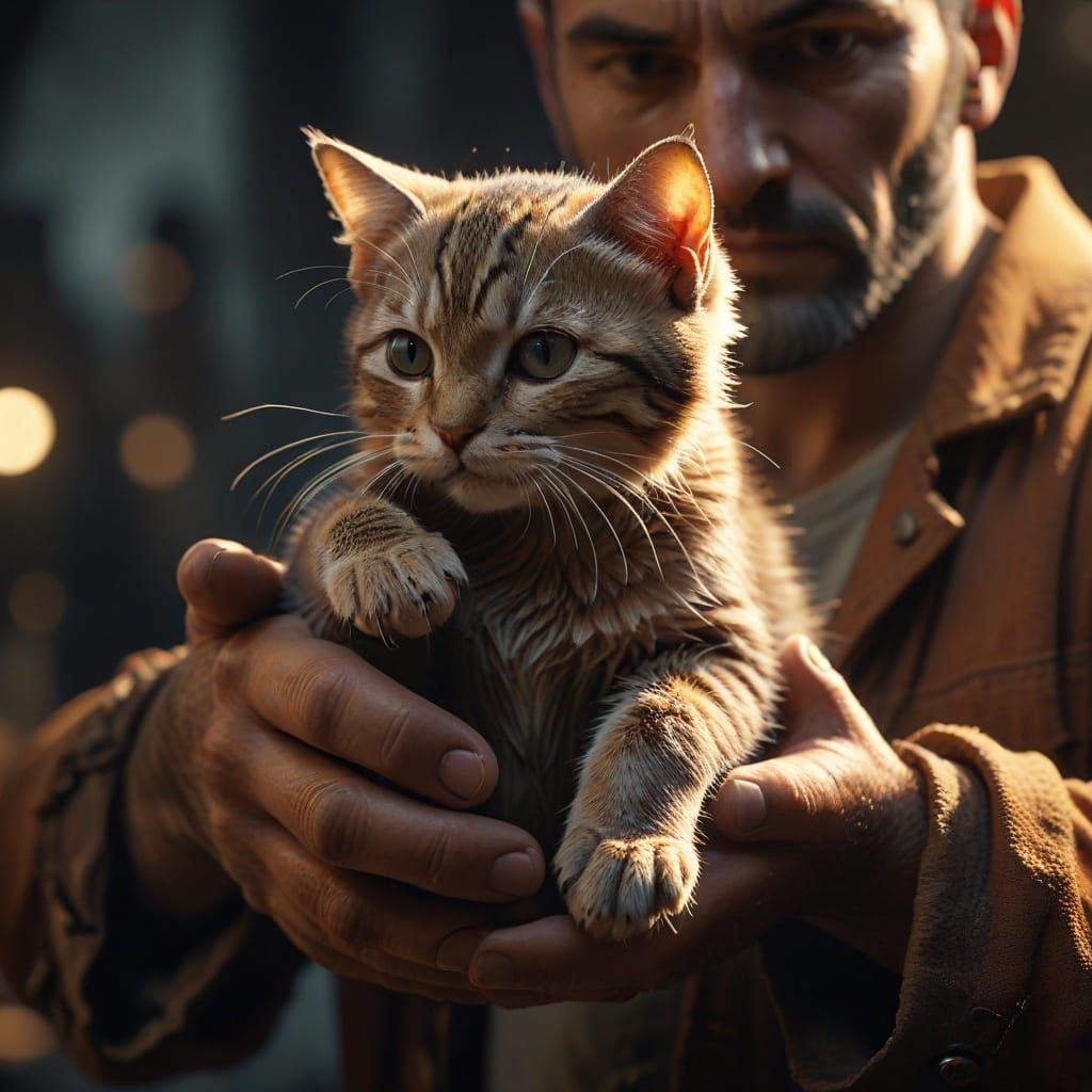 Giant Man Cradles Miniature Kitten in Dramatic Fantasy Art