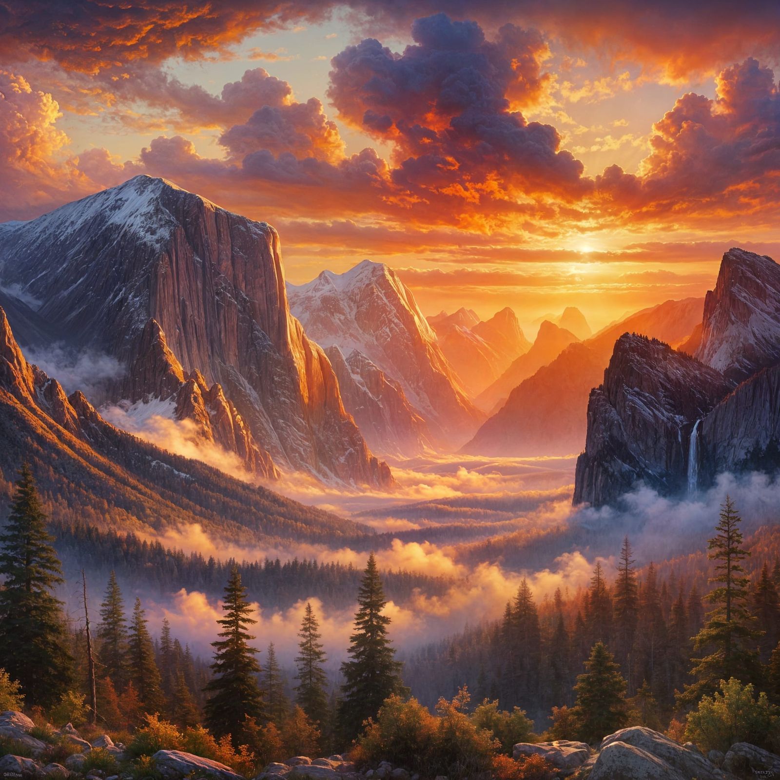 Tranquil Sunset Over Mountain Range in Impressionistic Style