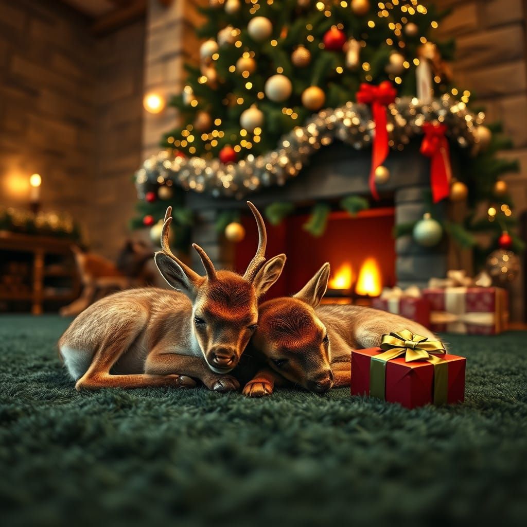 Baby Reindeer in Winter Wonderland Scene