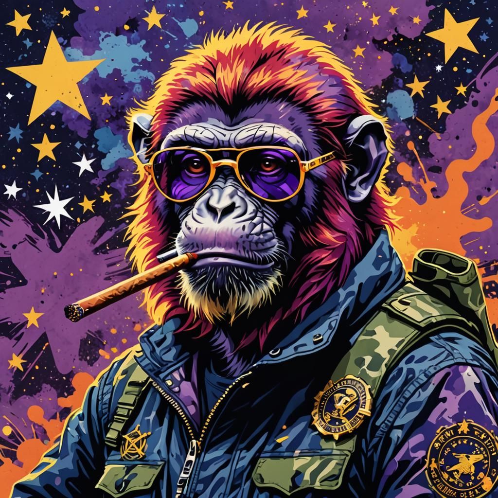 Monkey in Camo with Cigar, Pop Art Style