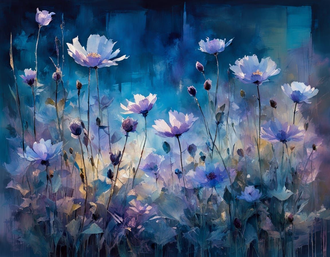 Delicate Blue Flowers in Purple Evening Light