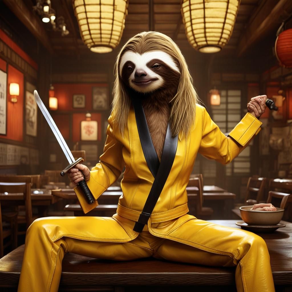 Uma Slothman as Slothatrix Kiddo, in “Kill Bill”