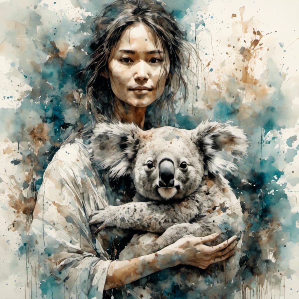 A woman holding a koala bear