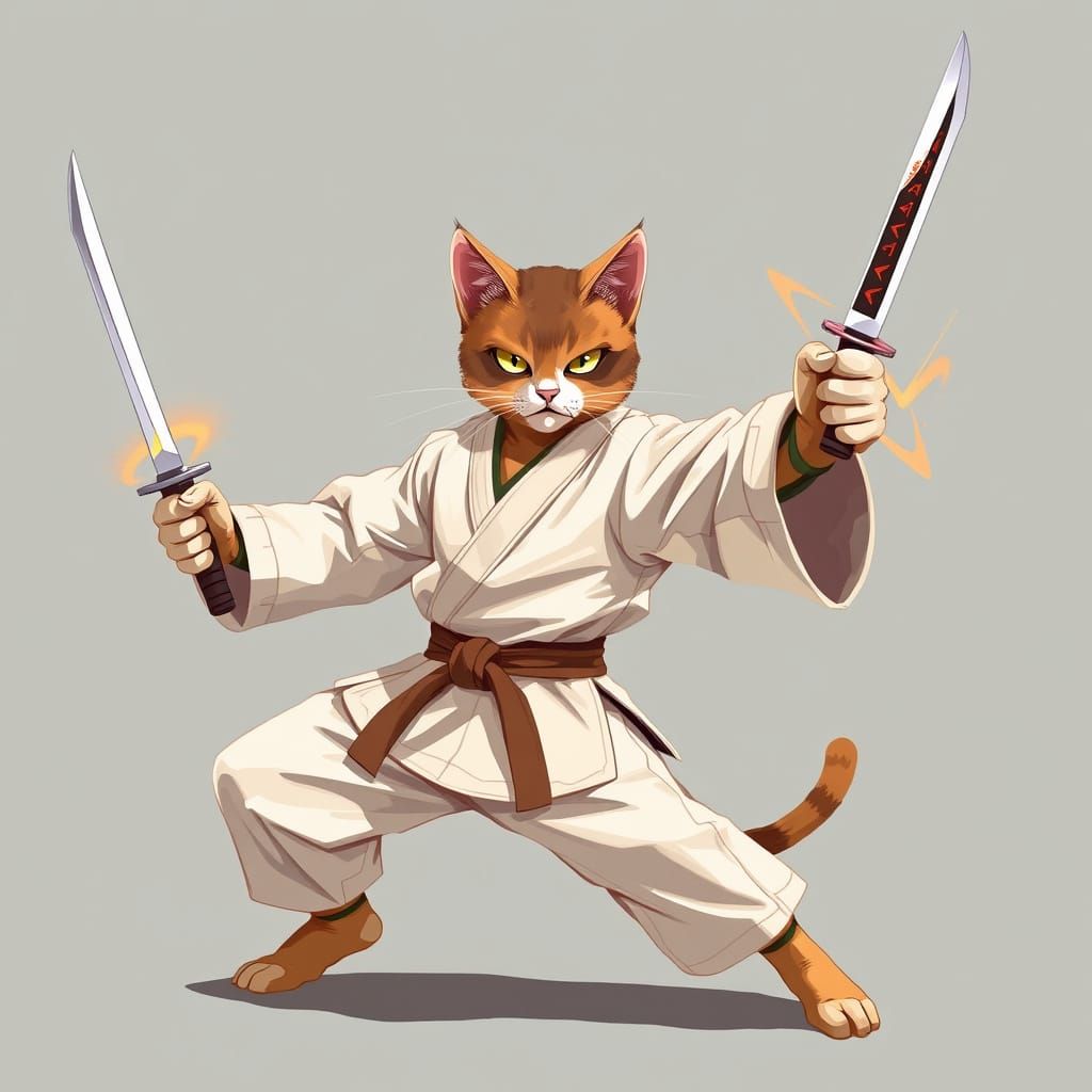 Martial Arts Cat with Ninja Weapons, Digital Art
