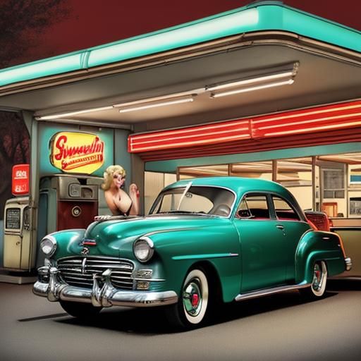 Vintage Gas Station Sign with Blonde Woman