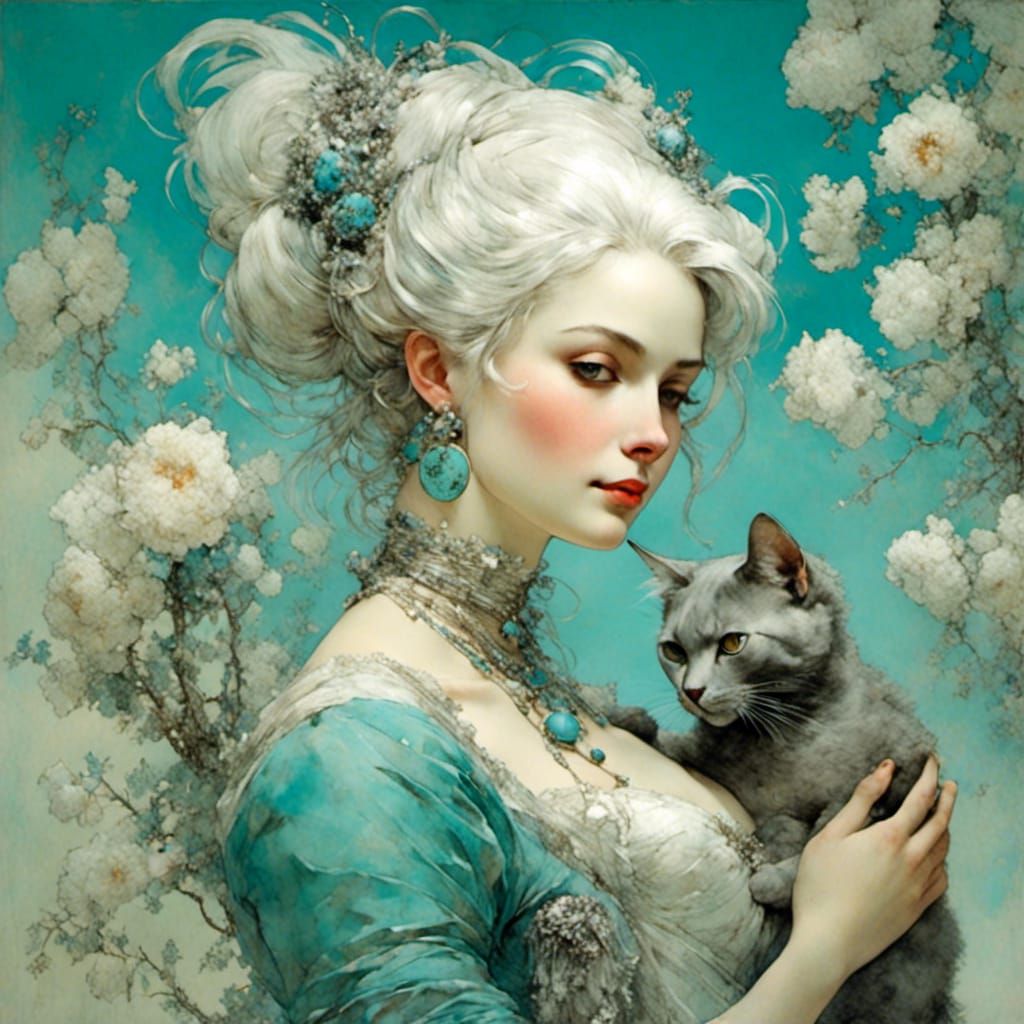 Woman with Cat in Garden, Rococo-Style Portrait