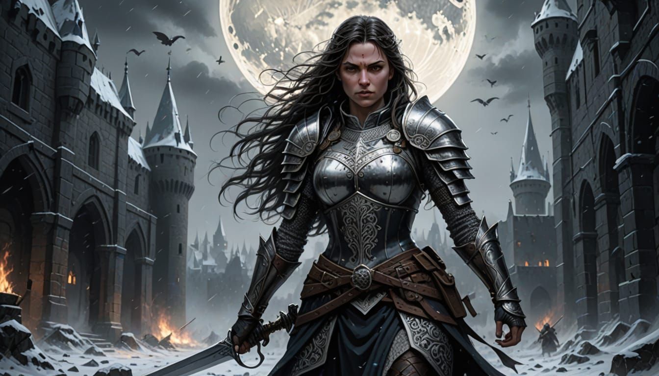 Grim Dark Fantasy Female Warrior in Snowy Castle Courtyard