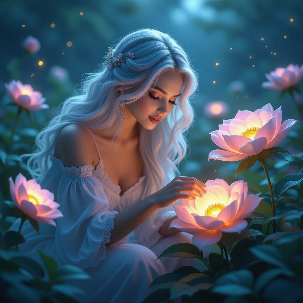 Woman Tends Luminous Garden in Twilight Glow