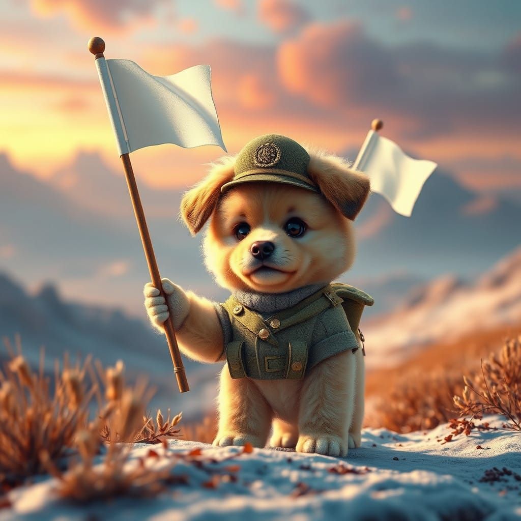 Whimsical Puppy Waves Surrender Flag in Dreamlike Landscape