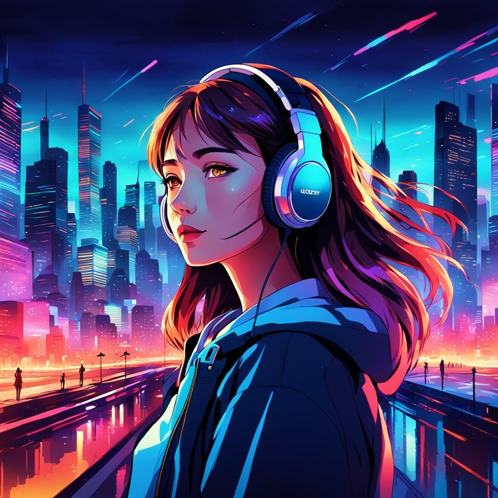 Anime Woman Listening to Music in Cityscape