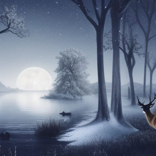 Deer at River Under Starry Moonlit Sky