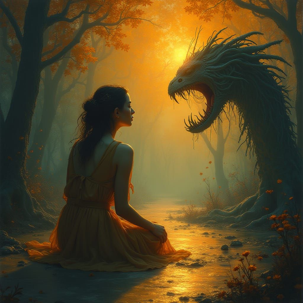 Surrealistic Woman in Dreamlike State, Golden Light, Dark Fa...