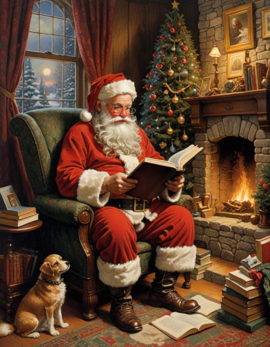Santa Claus Reading a Book in Classic Illustration Style