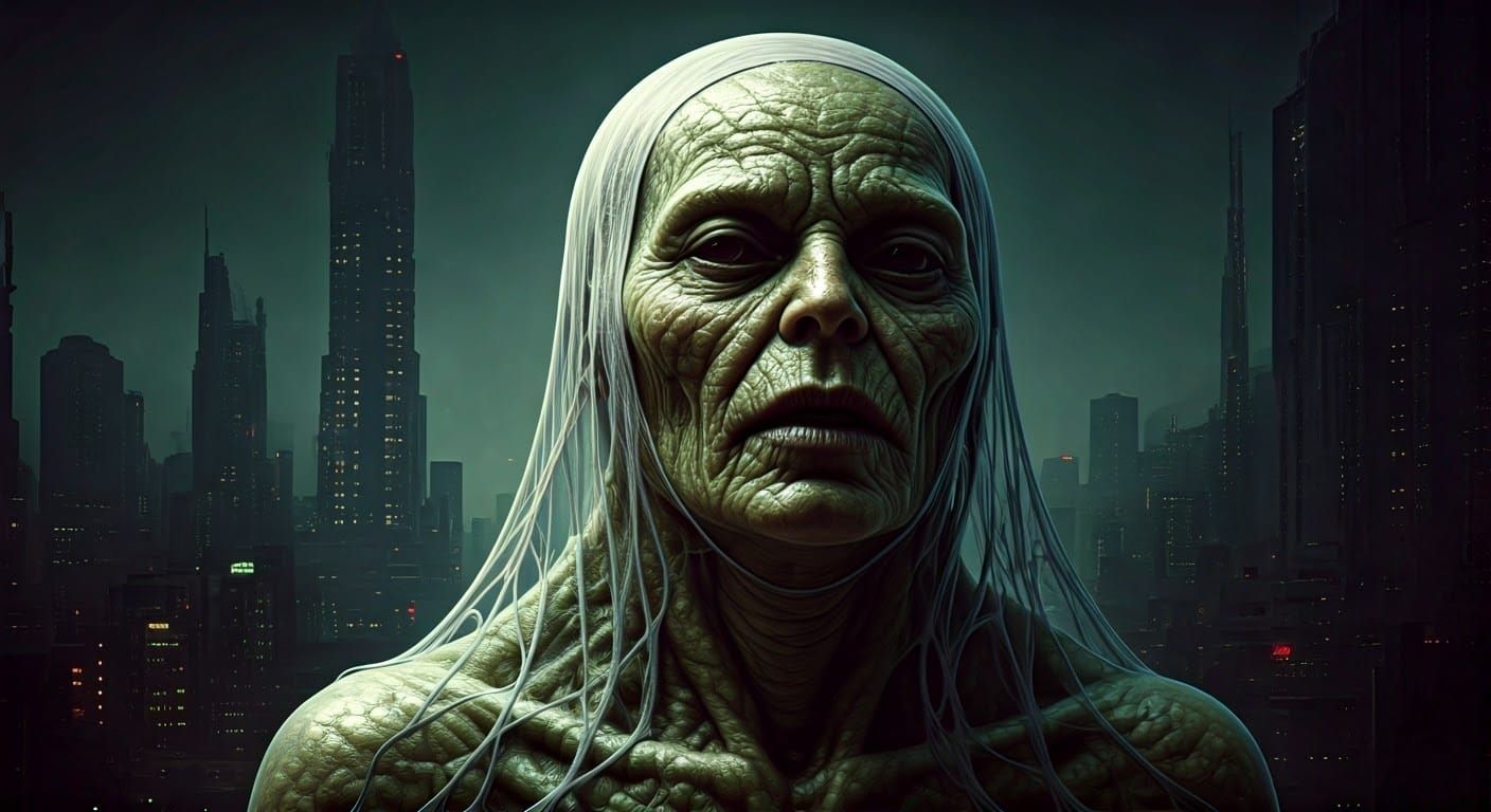 Surreal Cyberpunk Beast in Dystopian Cityscape