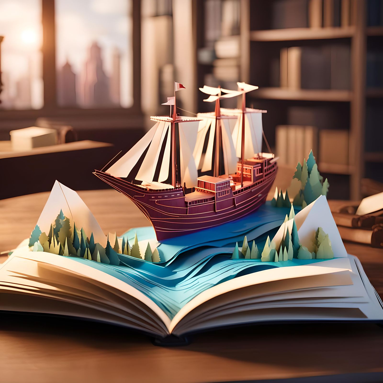 Fantastical Pop-Up Book with Ship and Bridge