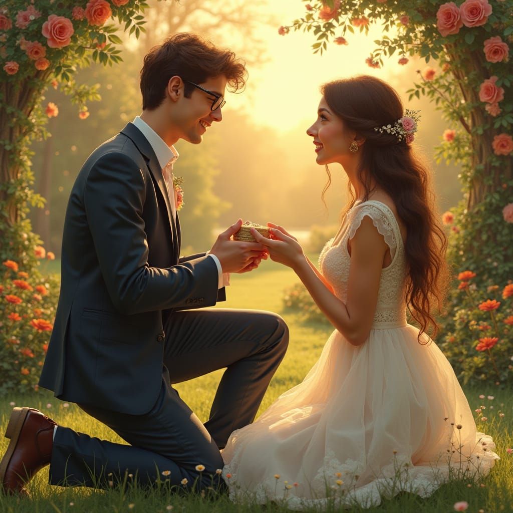 Young Man Proposes to His Fiancée in a Romantic Garden Setti...