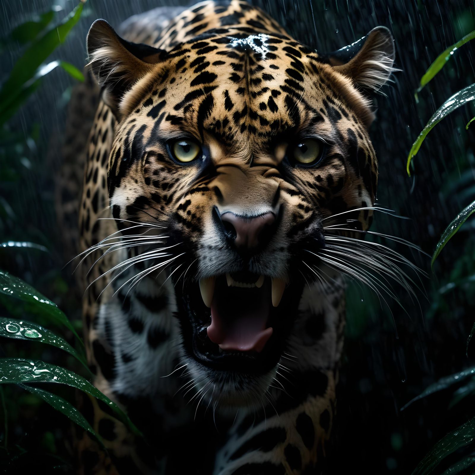 Fierce Shadow Jaguar Roaring in Jungle