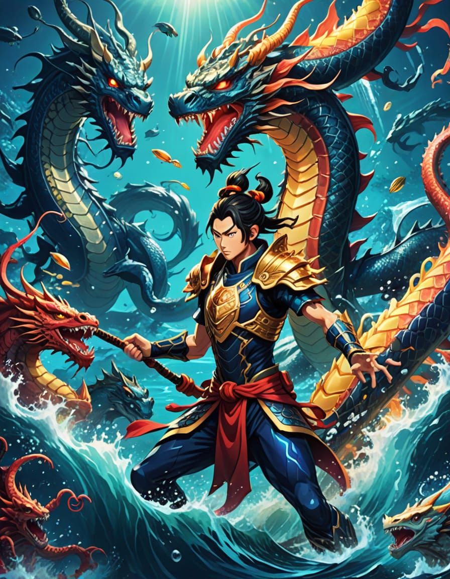 Dynamic Anime Battle: Nezha Fights Dragon King in Deep Ocean