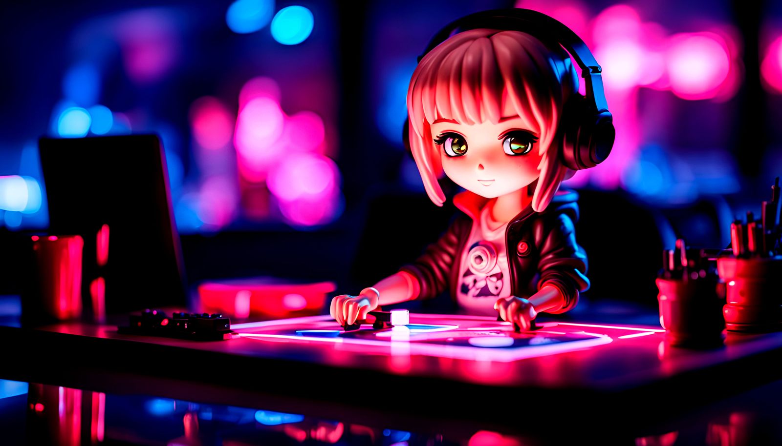 Chibi Anime Gamer Girl with Neon Highlights
