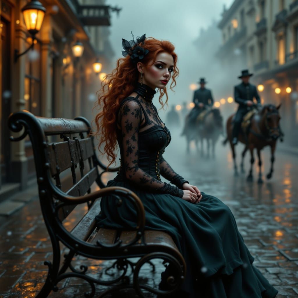 Victorian Steampunk Beauty on Cobblestone Bench