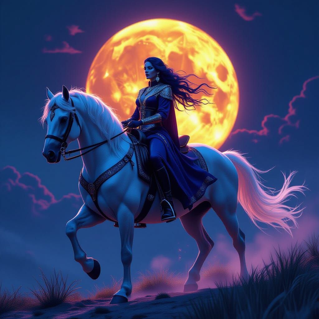 Voodoo Priestess Rides Silver Horse Under Red Moon