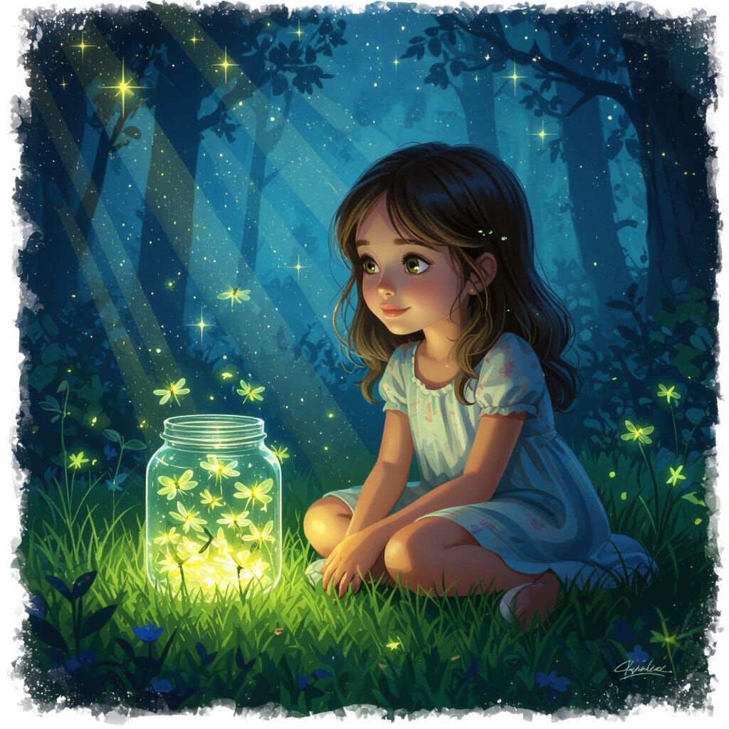 Charming Girl with Fireflies in Magical Forest