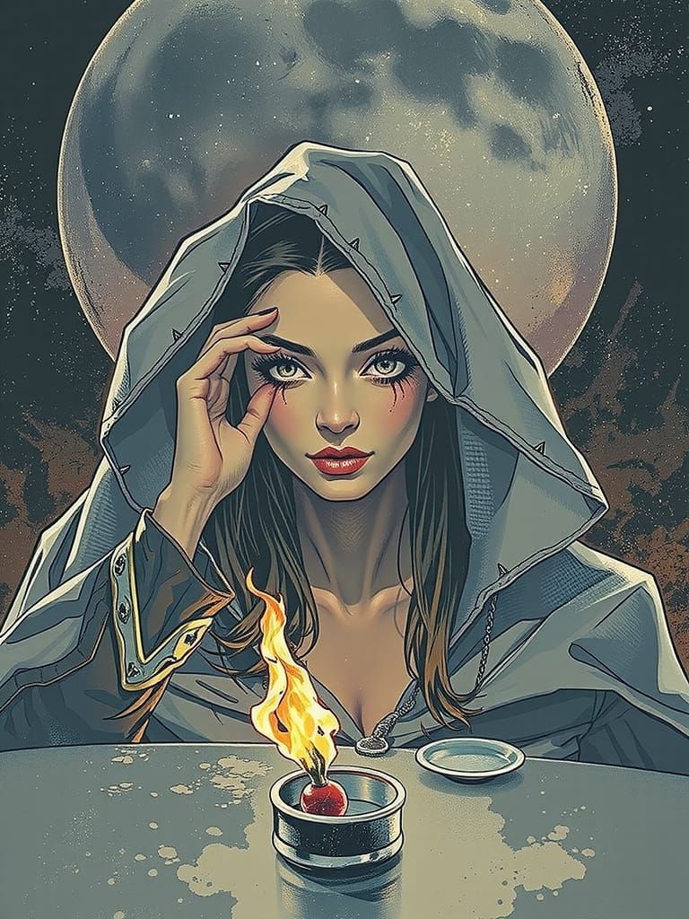 Eerie Moon-Eyed Woman in Gothic Comic Style