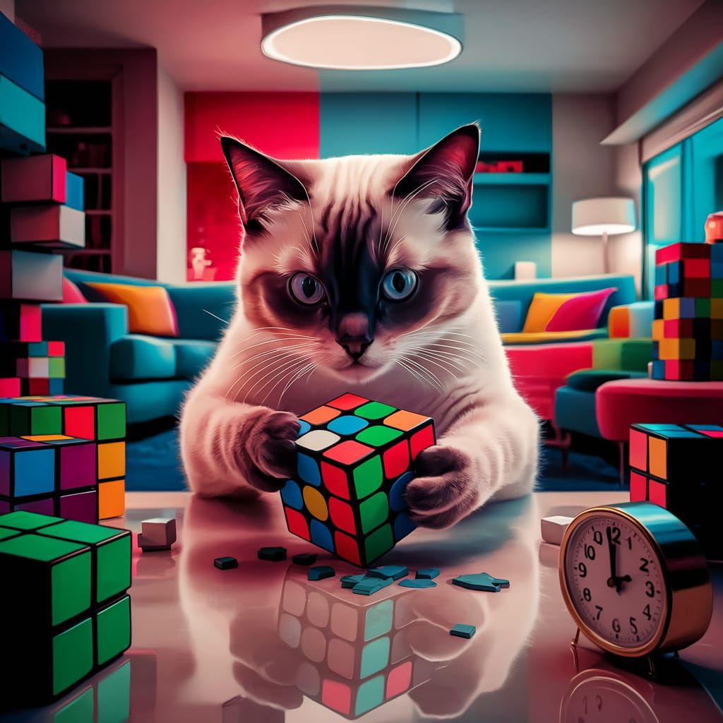 A clever Siamese cat intensely focuses on solving a Rubik's cube in a modern living room.