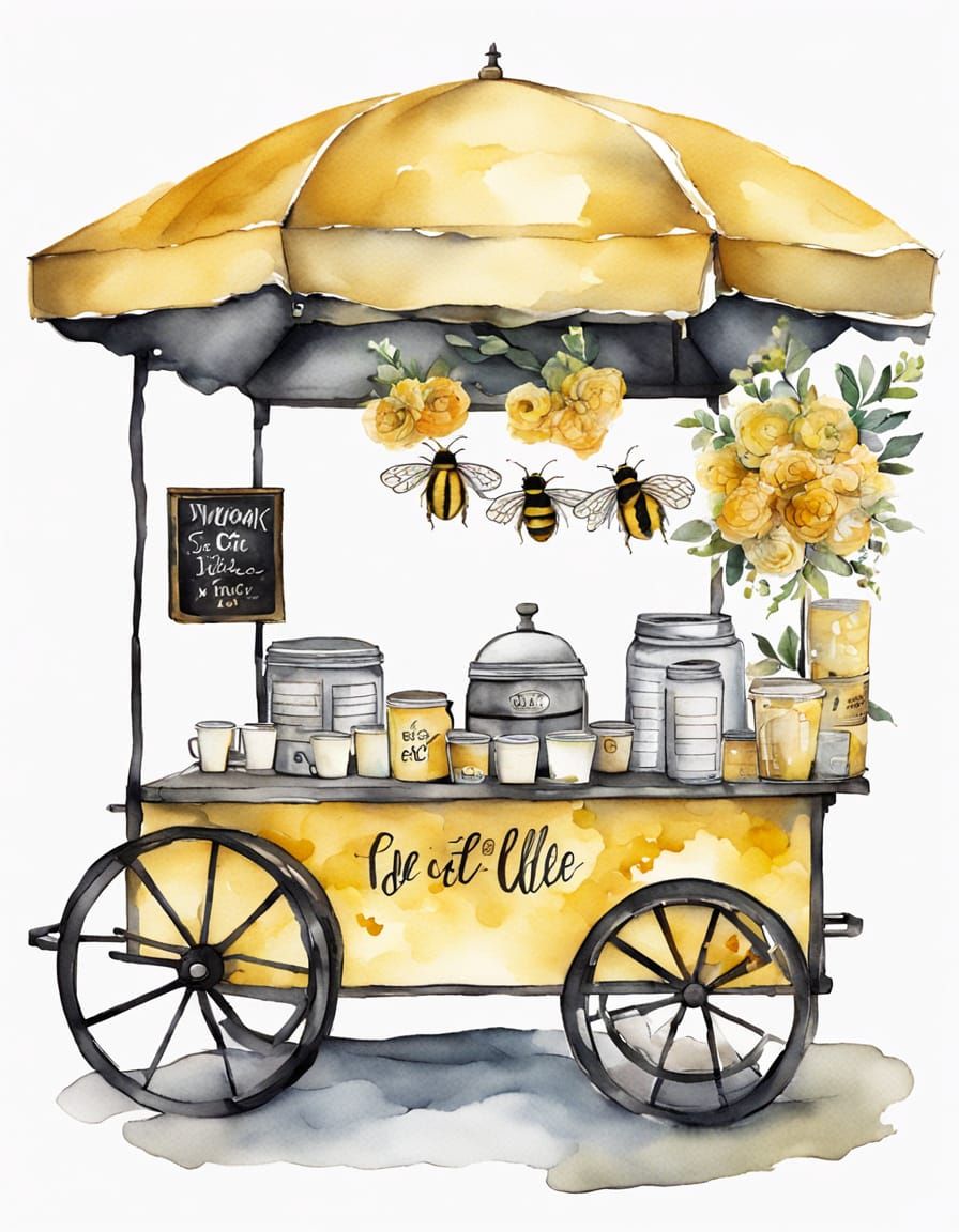 Vibrant Watercolor Bee Coffee Cart Scene