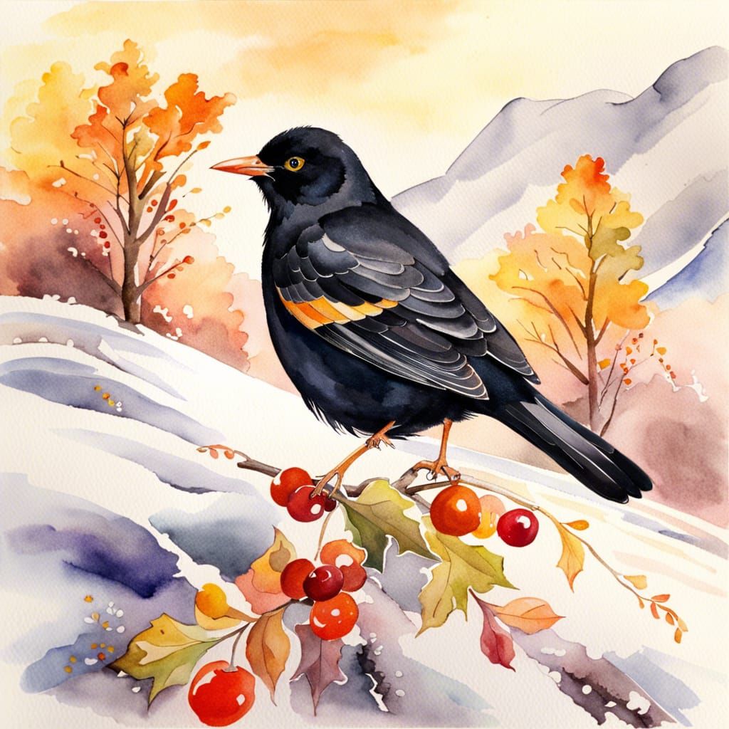 Blackbird Eye Amidst Snowy Mountains: Watercolor Art