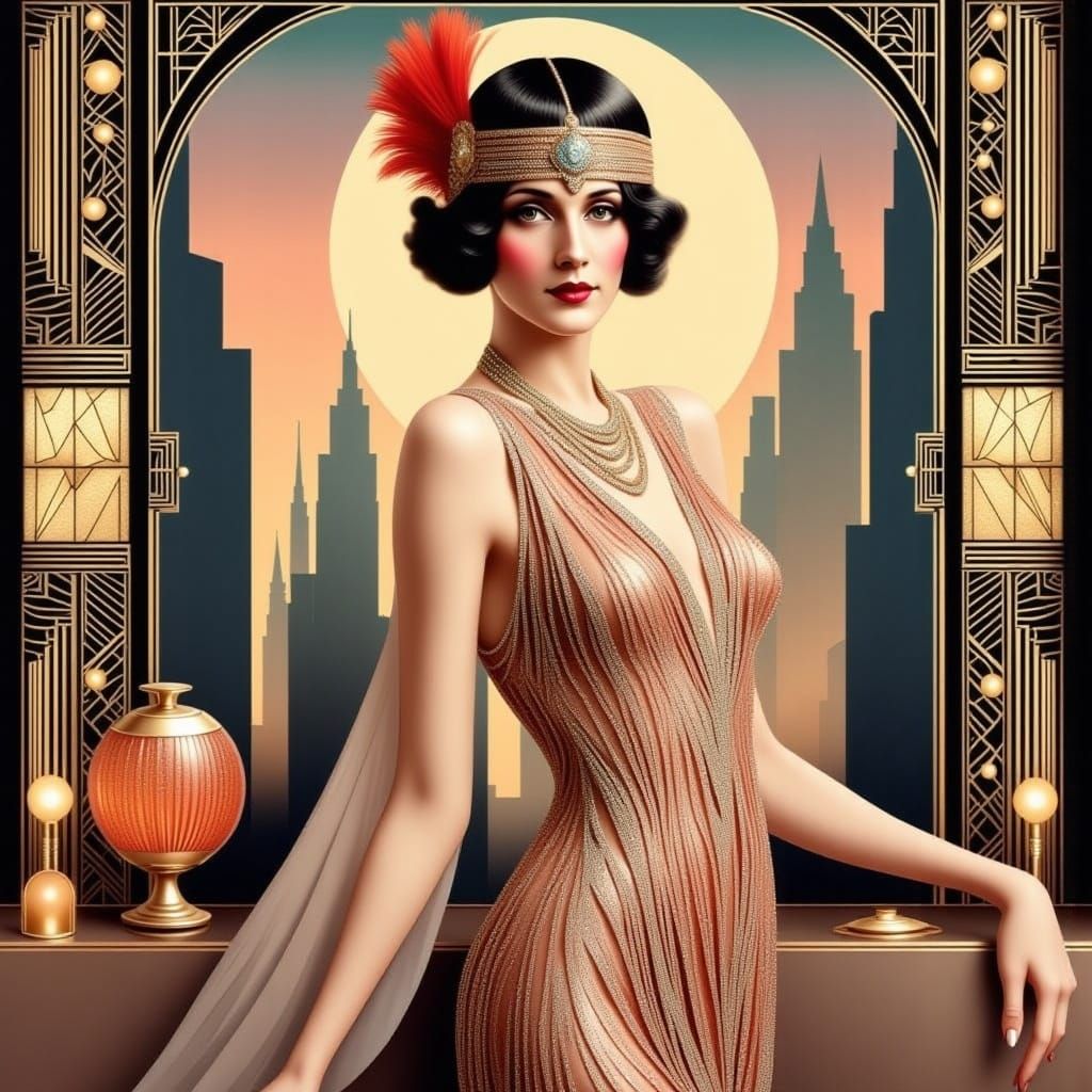 Glamorous Flapper in Art Deco Cityscape