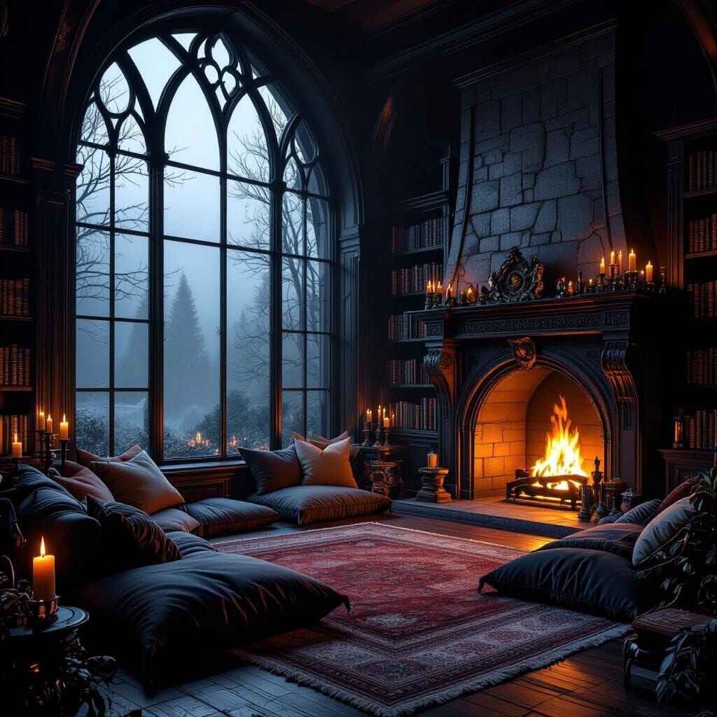 Gothic Library with Forest View, Cozy Firelight