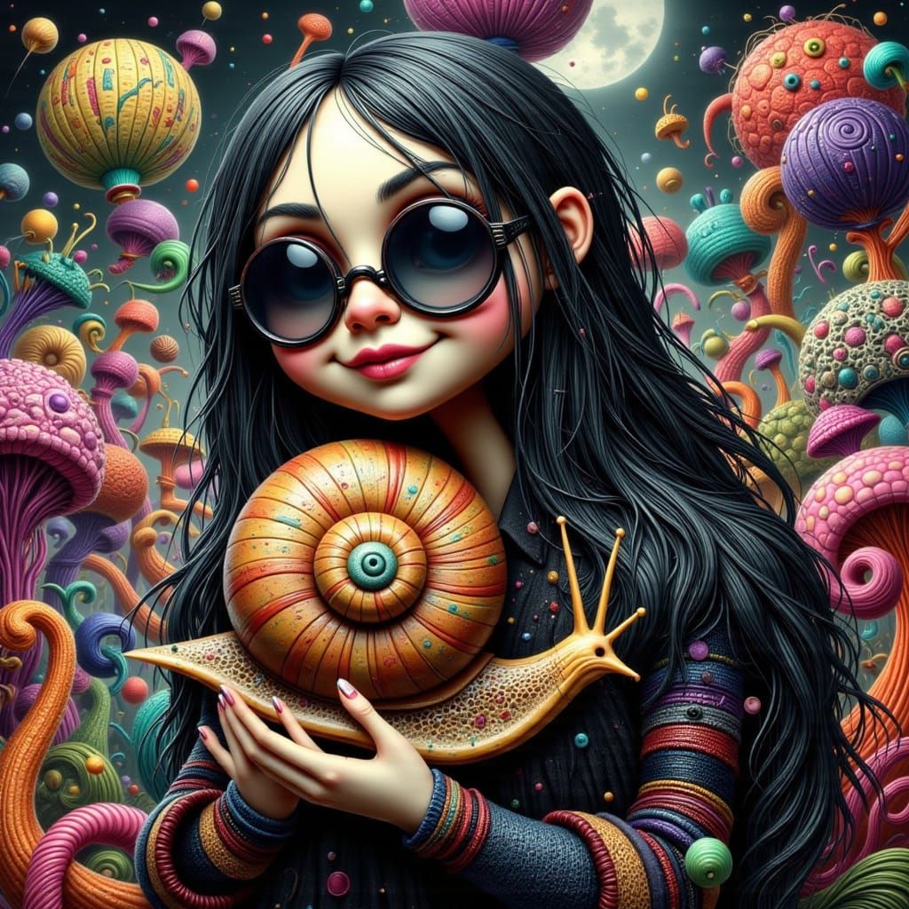 Goth Lady Cuddles Glittering Snail in Surreal Art