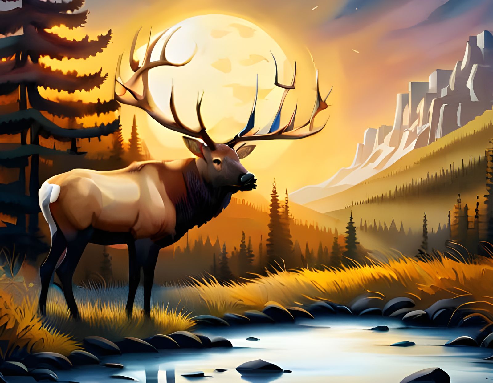 Majestic Bull Elk Overlooking Meadow, Digital Matte Painting