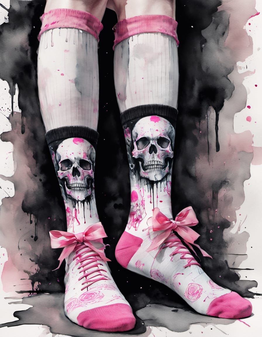 Gothic Socks with Skulls: Watercolor Fine Art