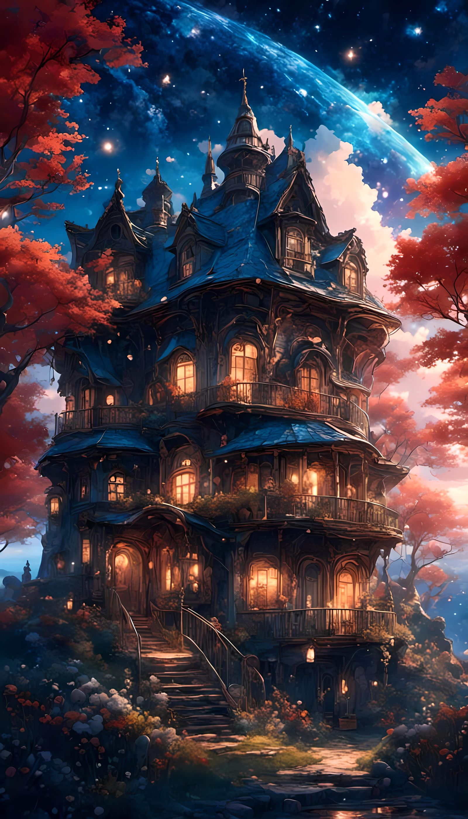 Anime House Under Sparkly Starry Sky