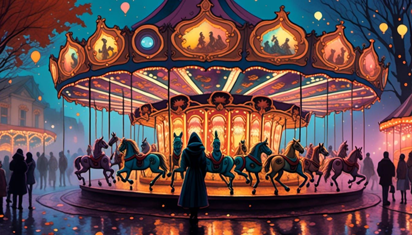 Dreampunk Carousel in Autumn Fog, Mystical Realism