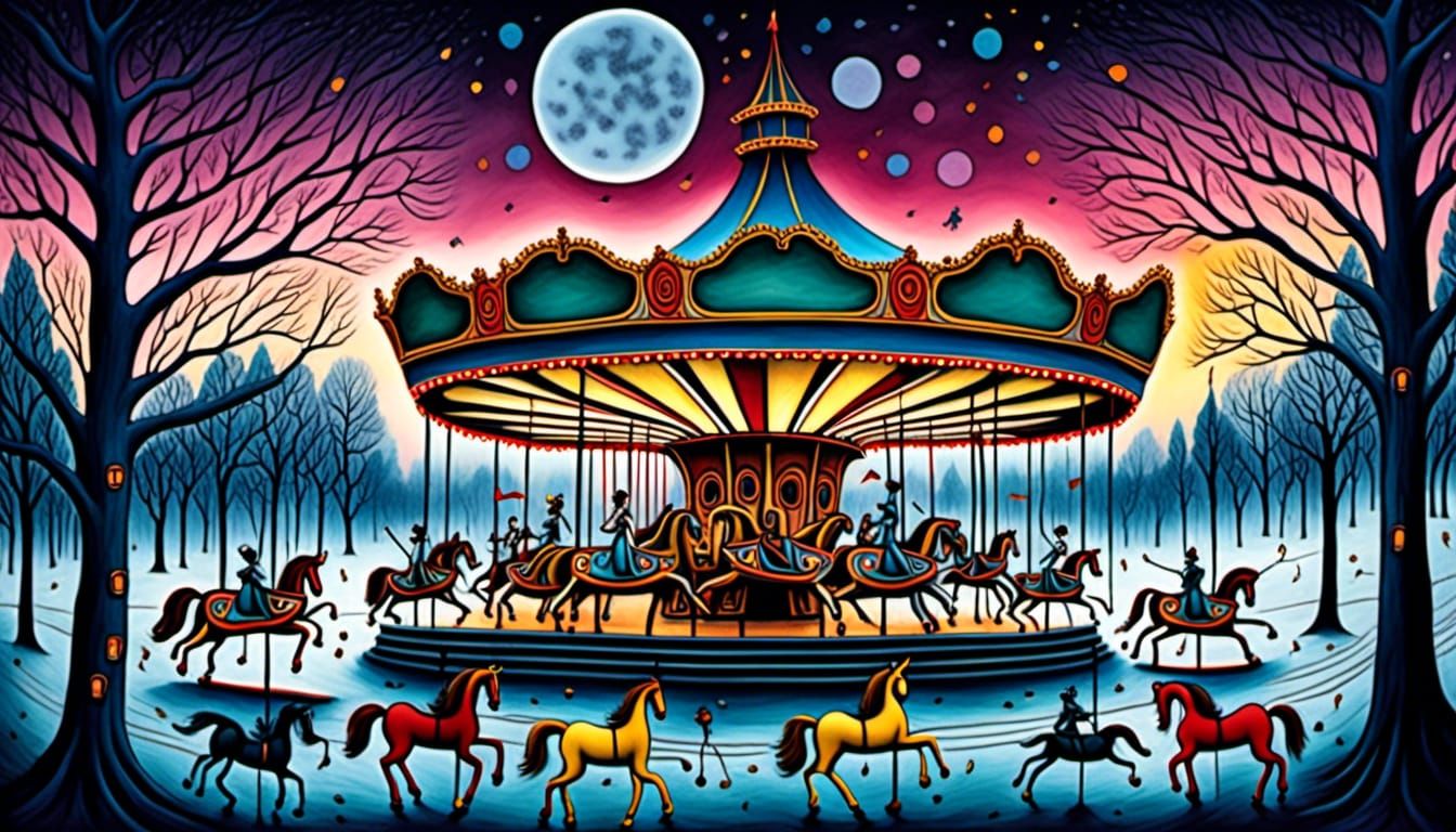 Surreal Winter Carousel Scene in Rothko-Dali Style