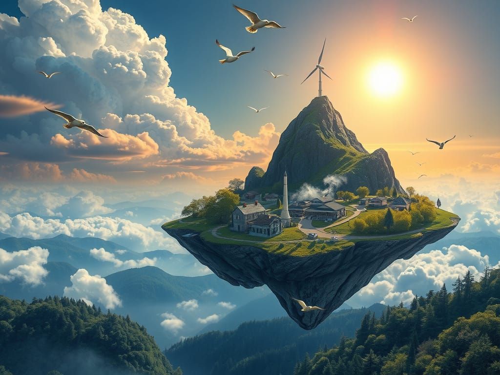 Eine fliegende Insel im Himmel angetrieben durch Windkraft, auf der Insel ist ein Berg, wo Energie durch Windmühlen erze...