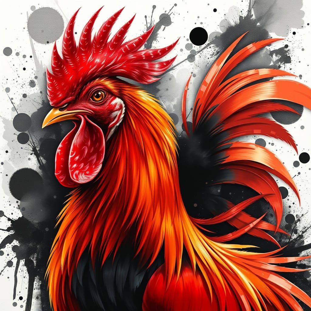 Vibrant Rooster in Motion, Splashes of Ink Background