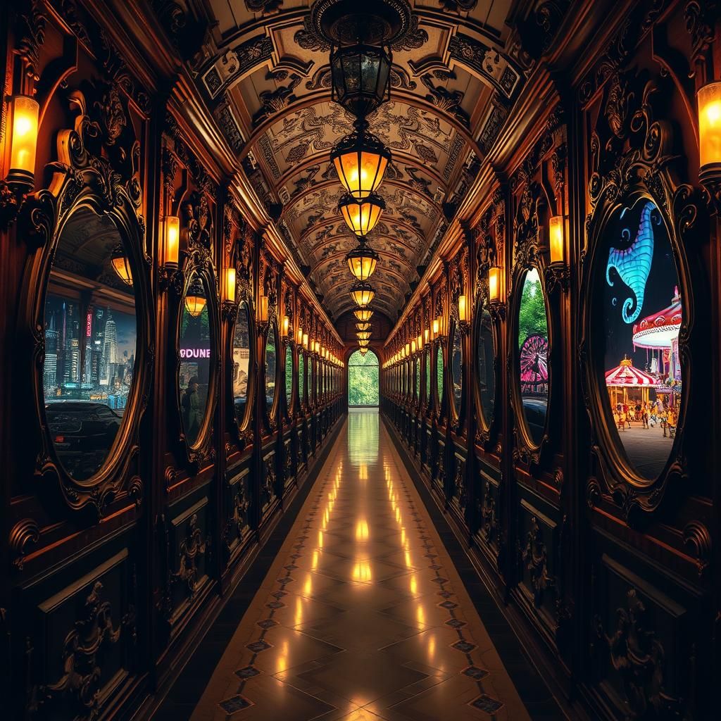 Endless Ornate Corridor Reflecting Dreamlike Realities