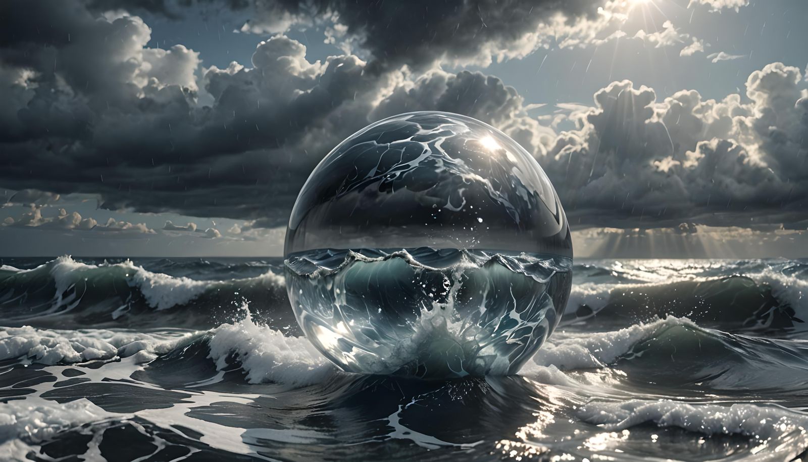 Glass Sphere: Stormy Sea in Hyperrealistic 3D