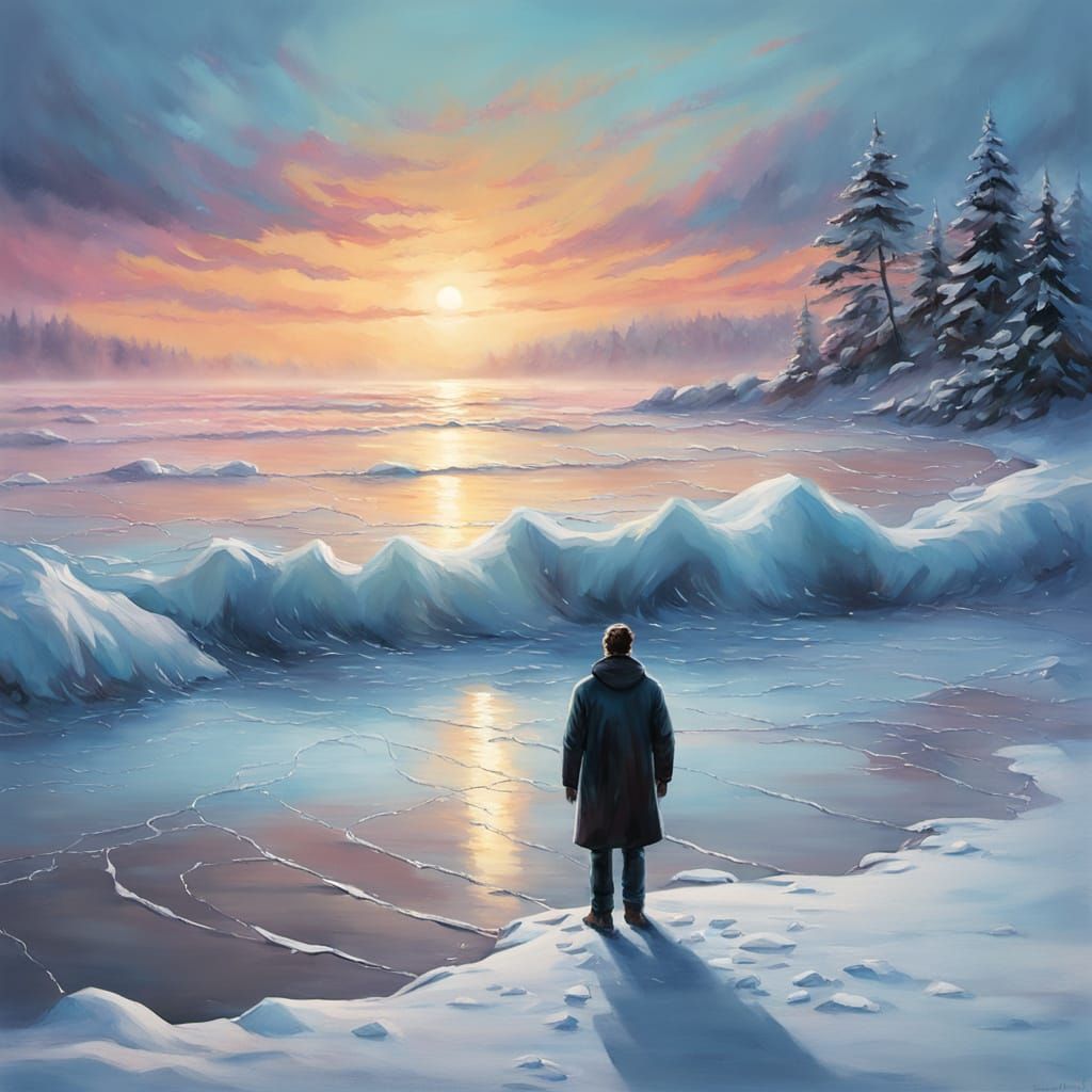 Winter Beach Scene in Oil Painting Style