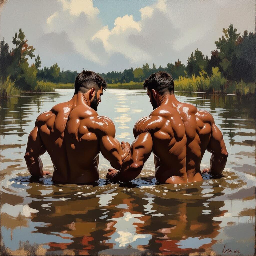 Muscular Bodybuilders Wrestling in Muddy Lake Water