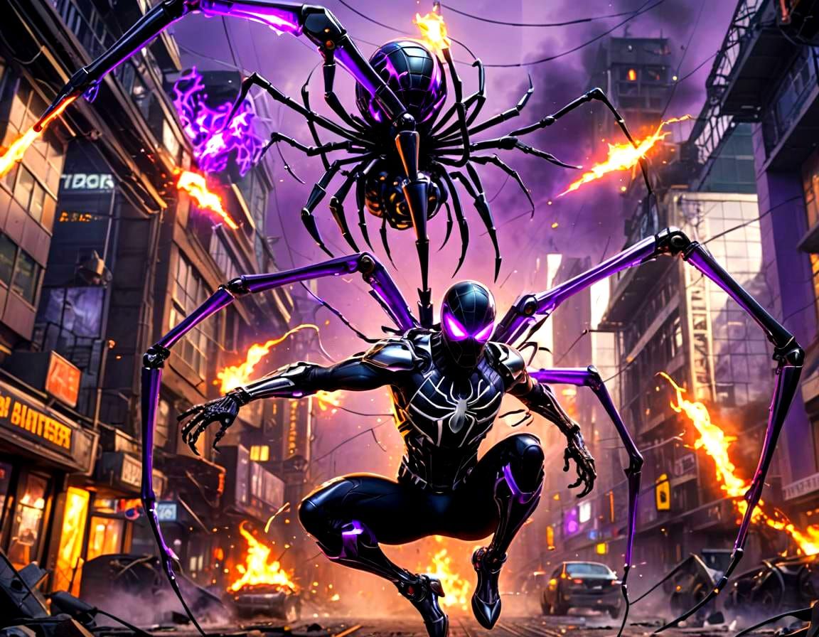 Cybernetic Spider-Themed Superhero in Flames