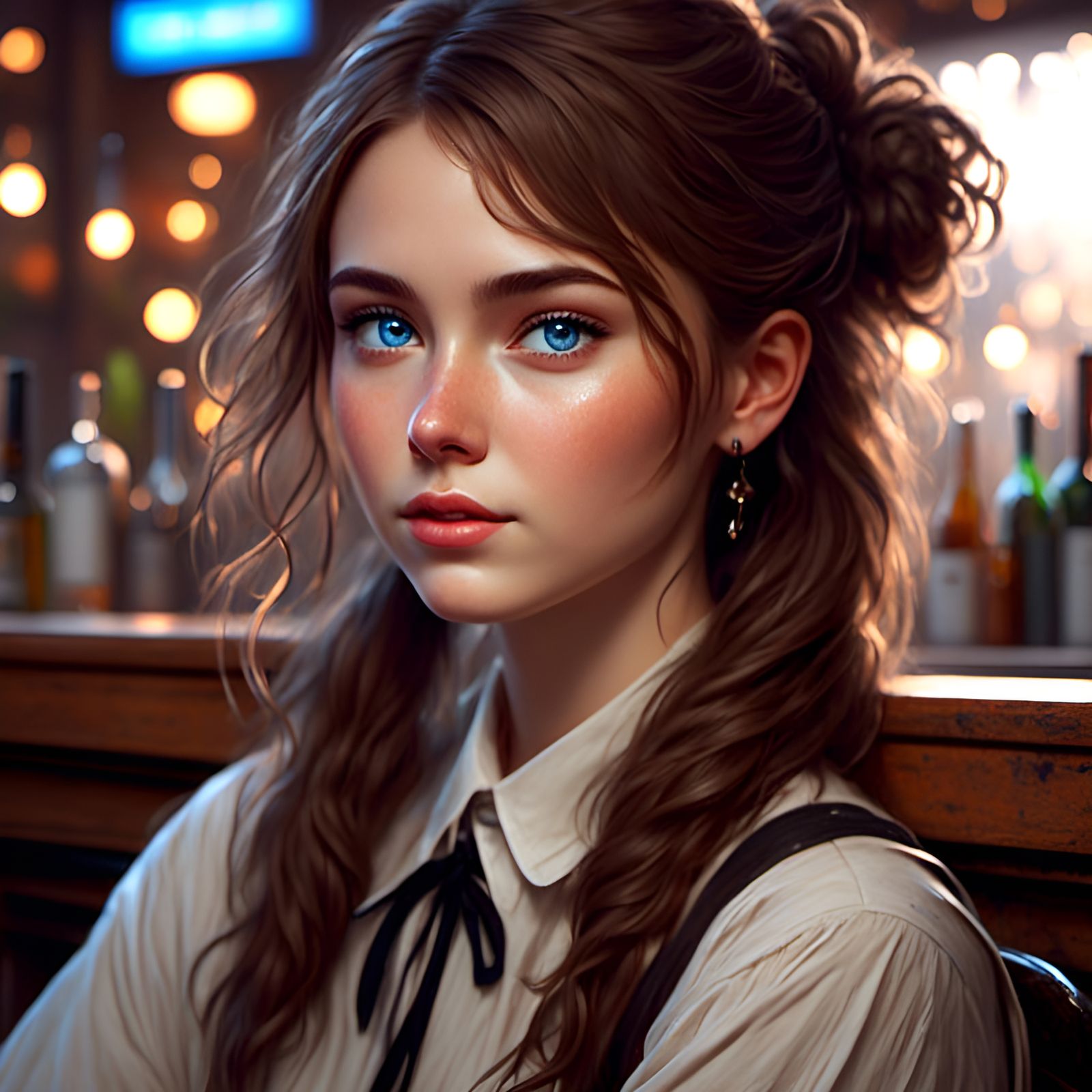 Portrait of Blue-Eyed Woman at Bar