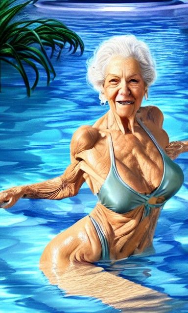 Elderly Pin-Up Bodybuilder in Surreal Digital Art