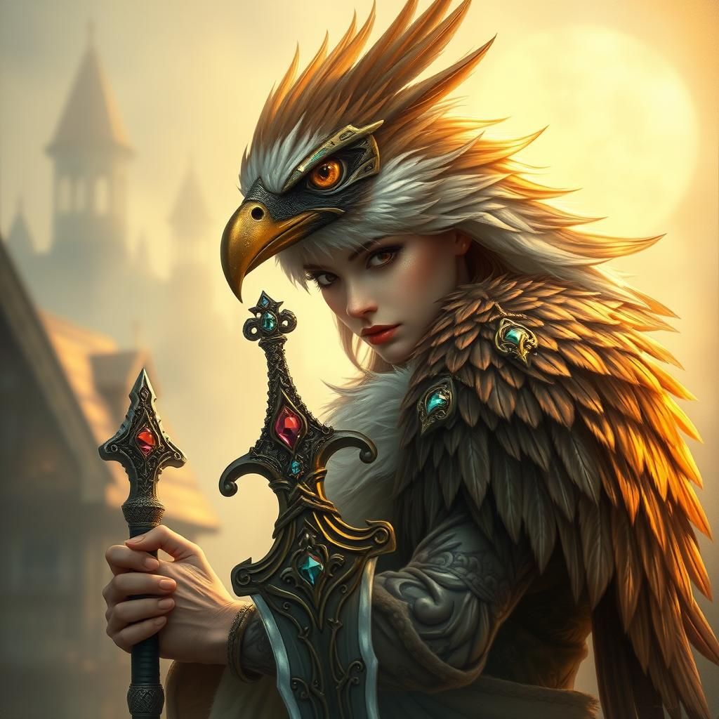 Bird Warrior with Sword in Ethereal Fantasy Setting