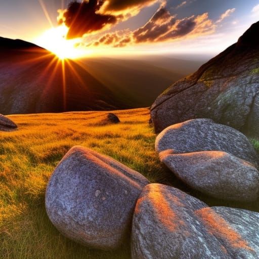 Sunset Over Rocky Landscape with Divine Light